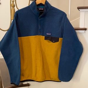 Patagonia fleece pullover, gold and teal, size M